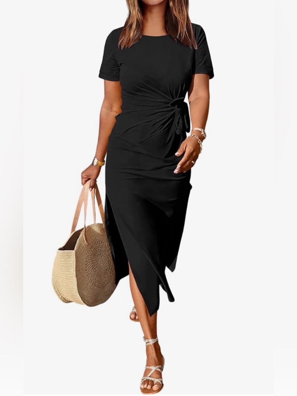 Anrabess Short Sleeve T-shirt Tie Waist Maxi Dress